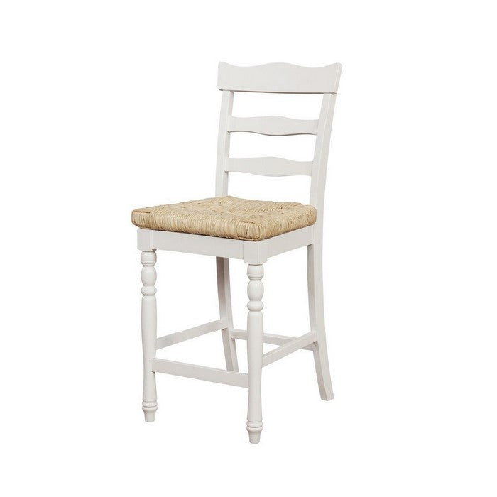 Wooden Counter Stool with Rush Woven Seat and Cut Out Back, Beige and White