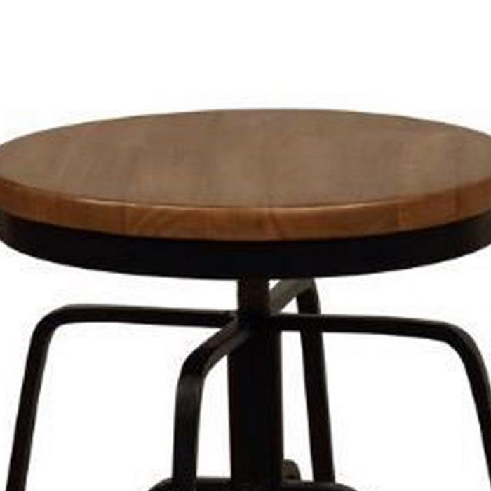 Round Wooden Top Metal Frame Stool with Adjustable Height, Brown and Black