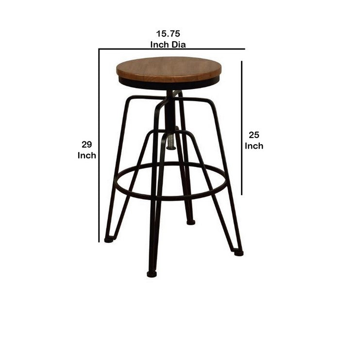 Round Wooden Top Metal Frame Stool with Adjustable Height, Brown and Black