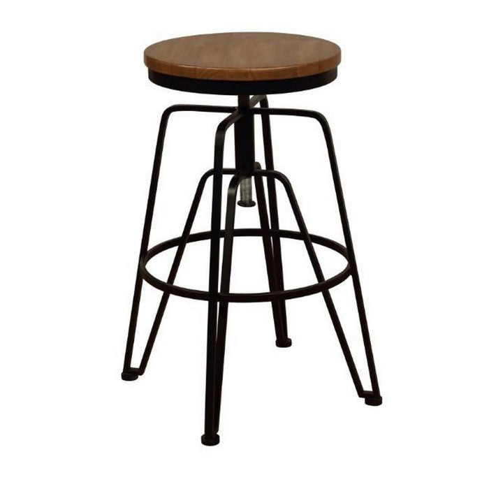 Round Wooden Top Metal Frame Stool with Adjustable Height, Brown and Black