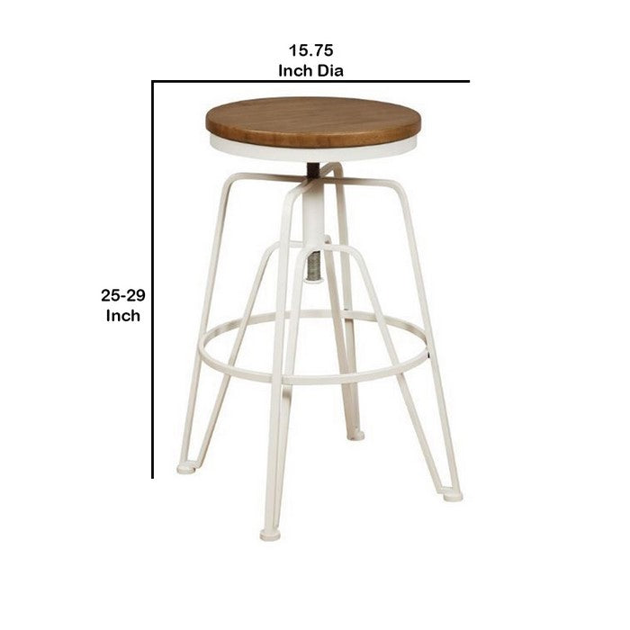 Round Wooden Top Metal Frame Stool with Adjustable Height, Brown and White