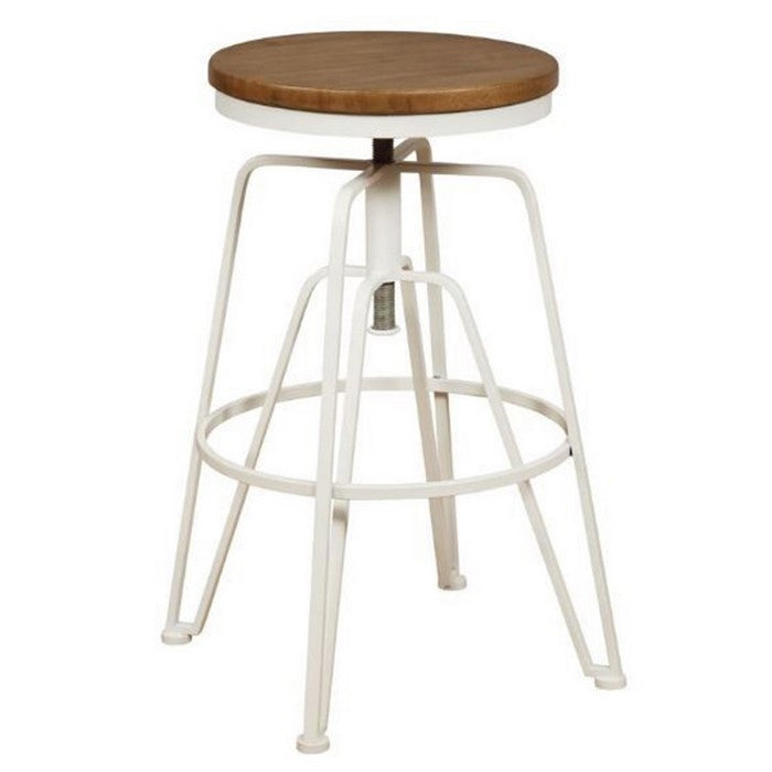 Round Wooden Top Metal Frame Stool with Adjustable Height, Brown and White