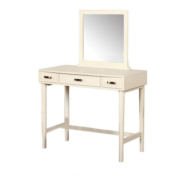 3 Piece Wooden Vanity Set with Padded Stool and Tubular Legs, Cream