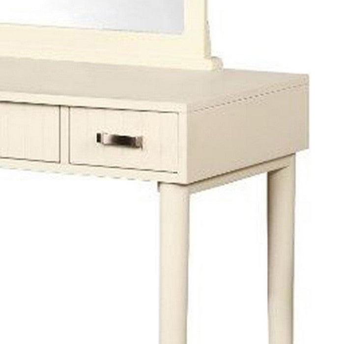 3 Piece Wooden Vanity Set with Padded Stool and Tubular Legs, Cream