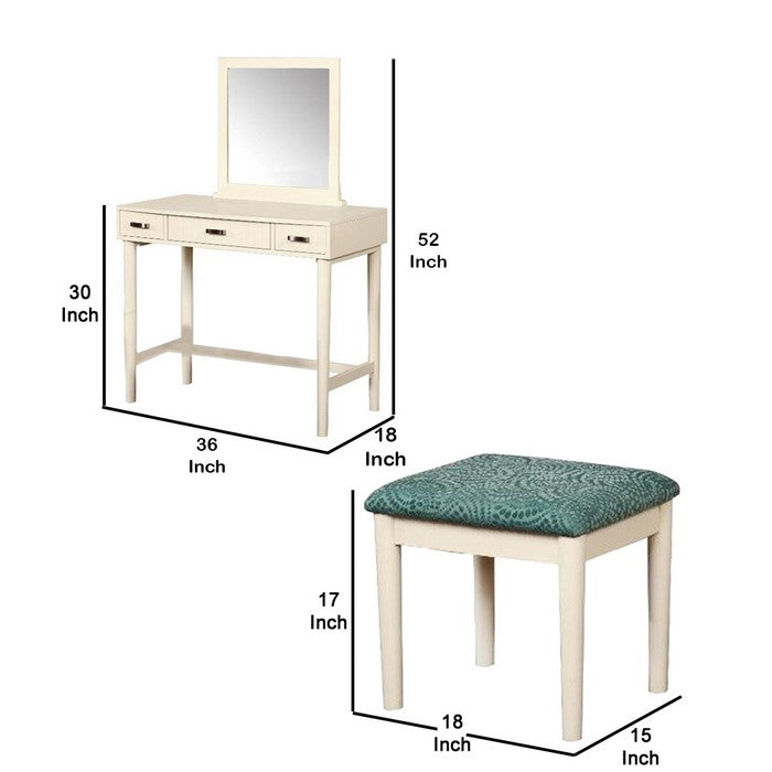 3 Piece Wooden Vanity Set with Padded Stool and Tubular Legs, Cream