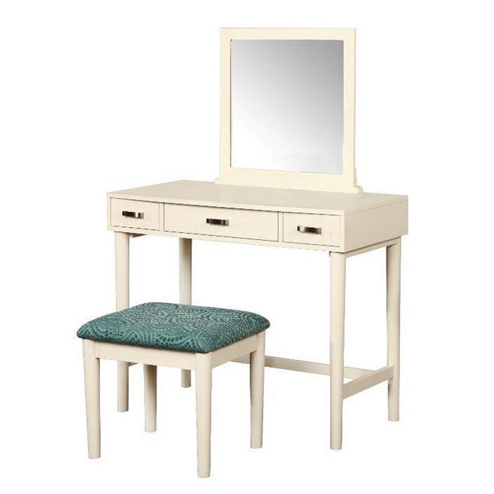 3 Piece Wooden Vanity Set with Padded Stool and Tubular Legs, Cream