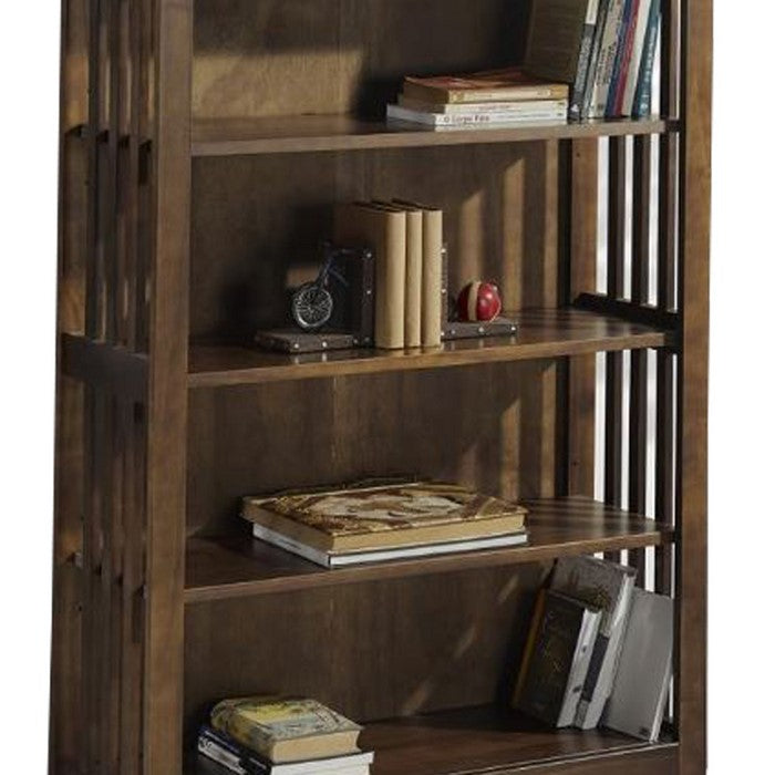 4 Tier Wooden Frame Double Bookcase with Slatted Side Panels, Brown