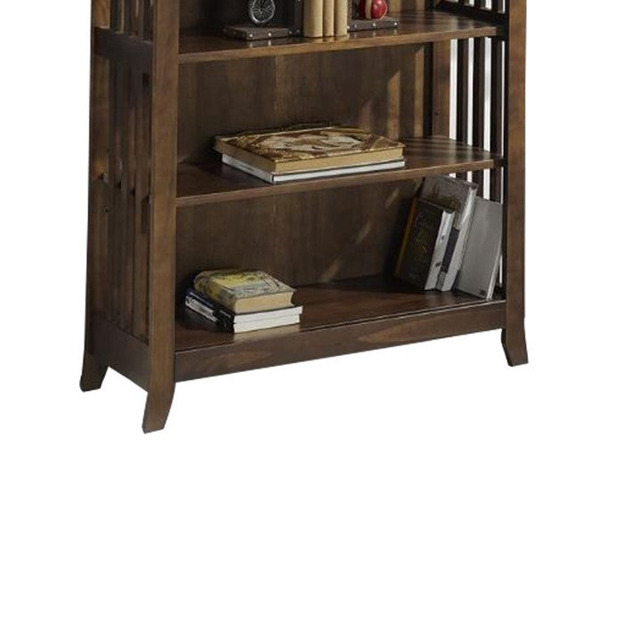 4 Tier Wooden Frame Double Bookcase with Slatted Side Panels, Brown