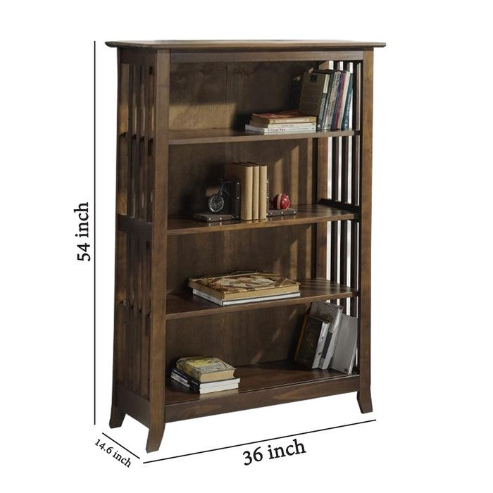 4 Tier Wooden Frame Double Bookcase with Slatted Side Panels, Brown