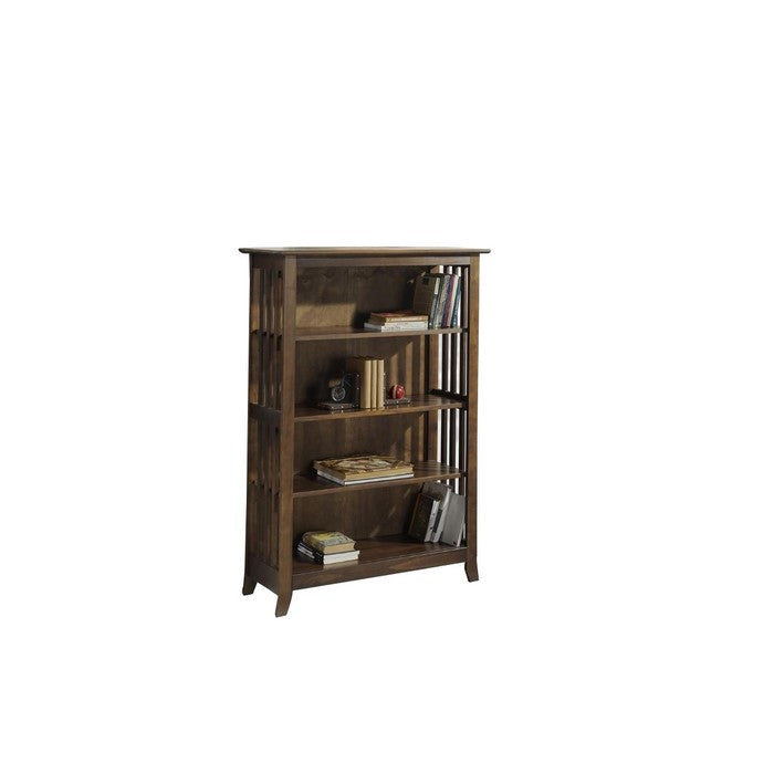 4 Tier Wooden Frame Double Bookcase with Slatted Side Panels, Brown