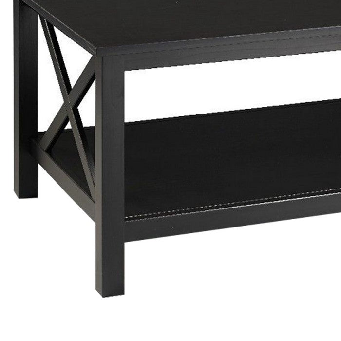 Rectangular Wooden Frame Coffee Table with Open Bottom Shelf, Black