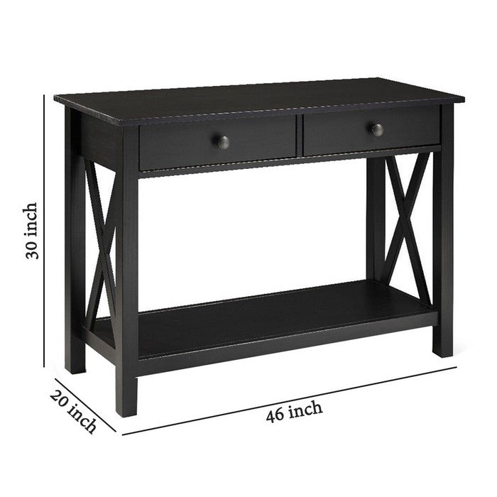 Rectangular Wooden Console Table with 2 Drawers and Open Shelf, Black