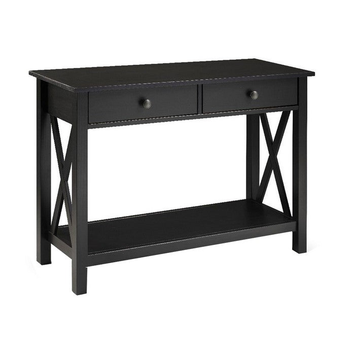 Rectangular Wooden Console Table with 2 Drawers and Open Shelf, Black