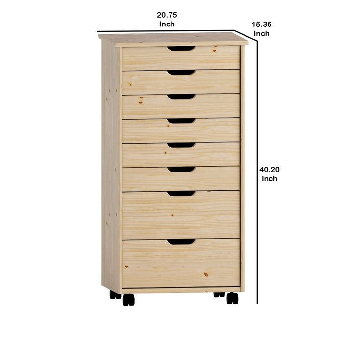 8 Drawers Wooden Storage Cart with Casters and Cut Out Pulls, Natural Brown