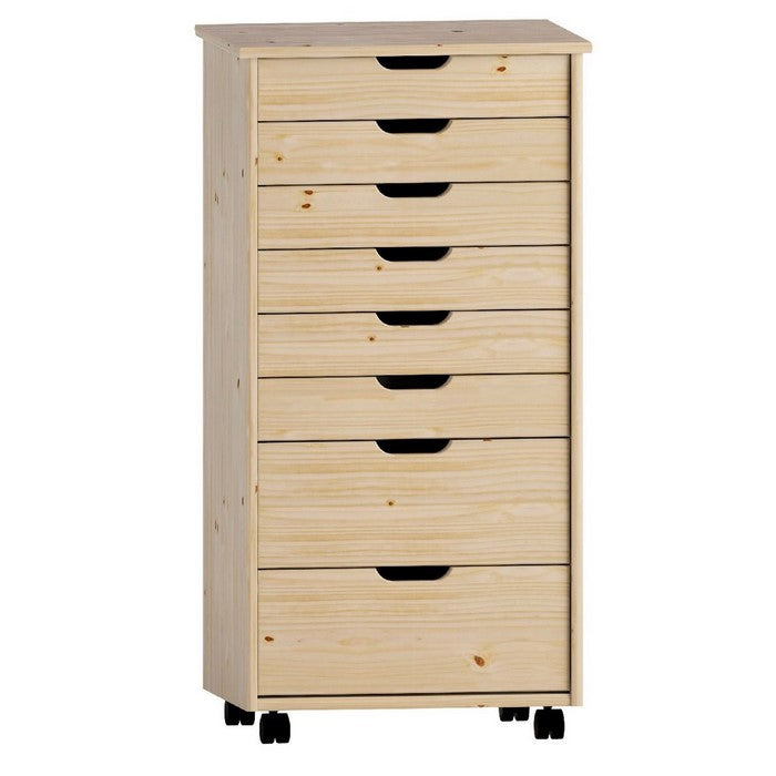 8 Drawers Wooden Storage Cart with Casters and Cut Out Pulls, Natural Brown
