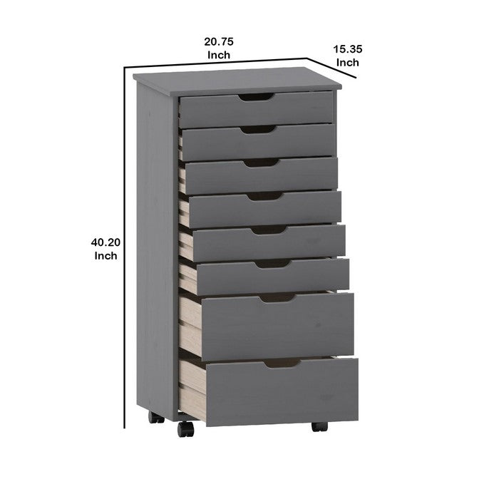 8 Drawers Wooden Storage Cart with Casters and Cut Out Pulls, Gray