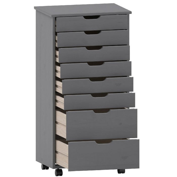 8 Drawers Wooden Storage Cart with Casters and Cut Out Pulls, Gray