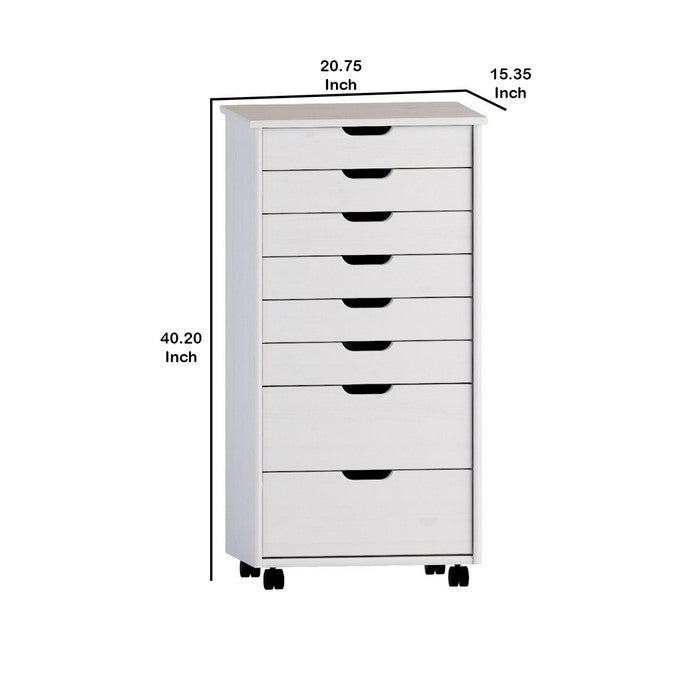 8 Drawers Wooden Storage Cart with Casters and Cut Out Pulls, White