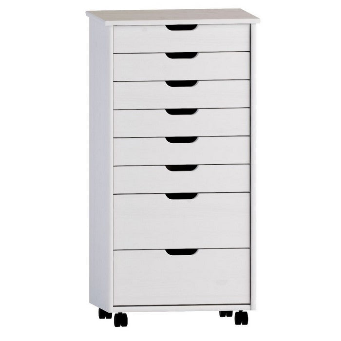 8 Drawers Wooden Storage Cart with Casters and Cut Out Pulls, White