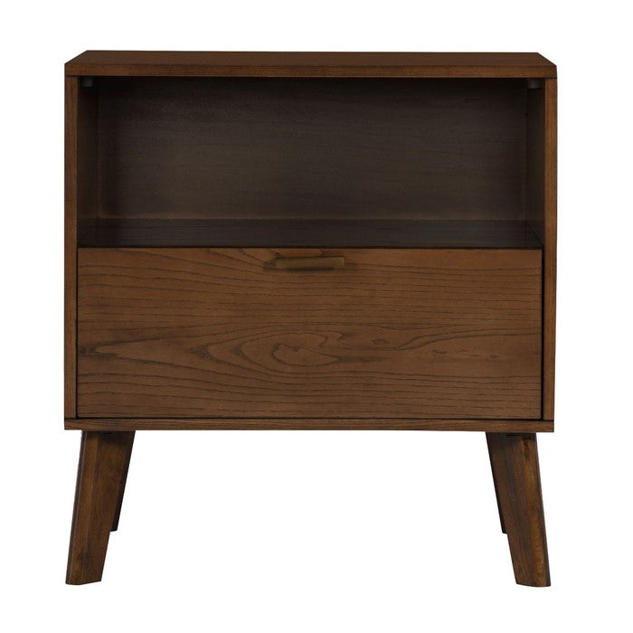 Grained Wooden Frame Nightstand with 1 Drawer and 1 Open Shelf, Brown