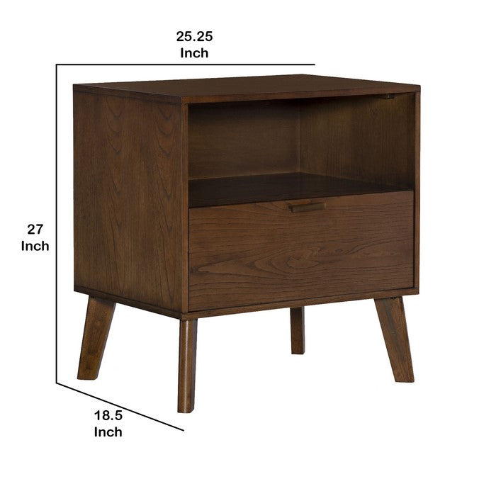 Grained Wooden Frame Nightstand with 1 Drawer and 1 Open Shelf, Brown