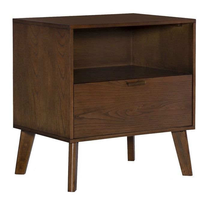 Grained Wooden Frame Nightstand with 1 Drawer and 1 Open Shelf, Brown