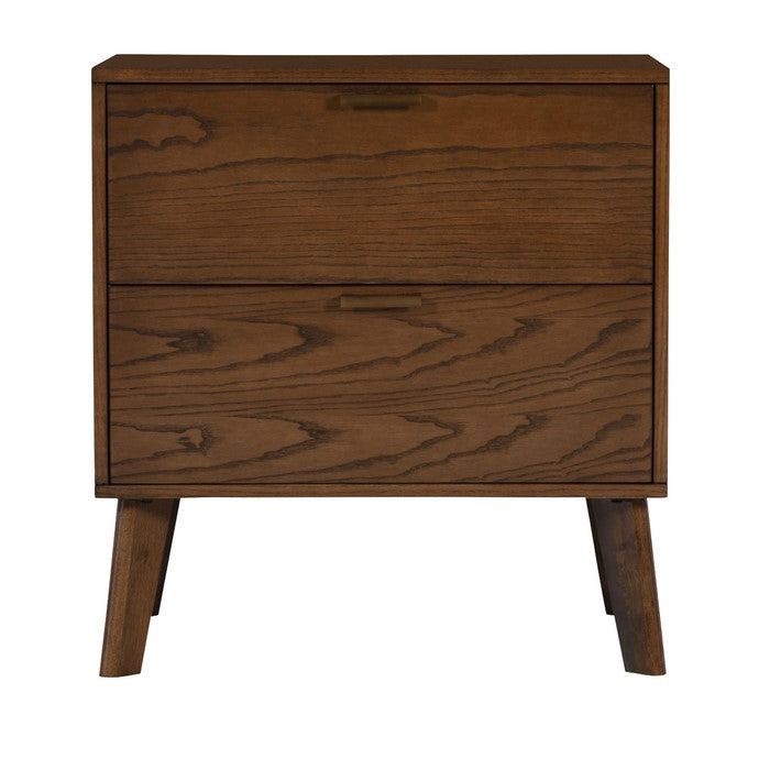Grained Wooden Frame Nightstand with 2 Drawers and Angled Legs, Brown