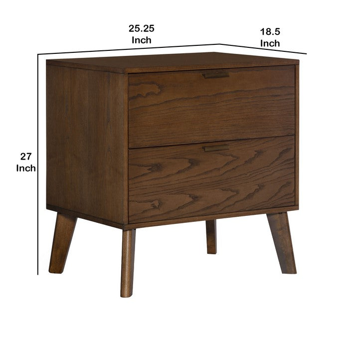 Grained Wooden Frame Nightstand with 2 Drawers and Angled Legs, Brown