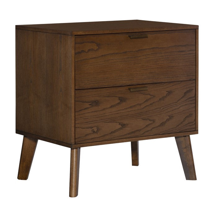 Grained Wooden Frame Nightstand with 2 Drawers and Angled Legs, Brown