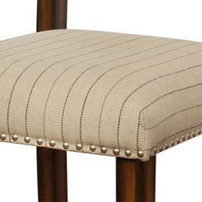 Nailhead Trim Fabric Upholstered Wooden Counter Stool, Beige and Brown