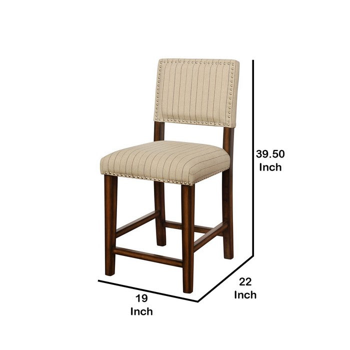 Nailhead Trim Fabric Upholstered Wooden Counter Stool, Beige and Brown