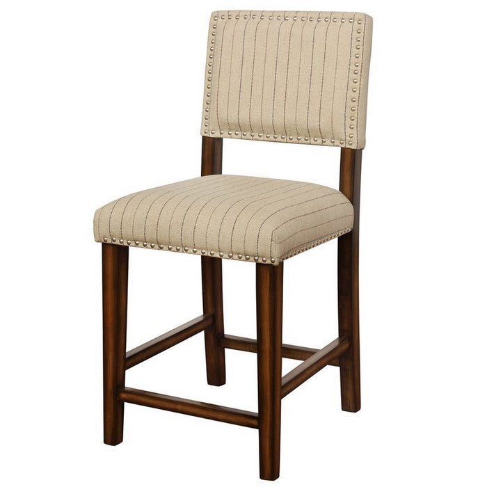 Nailhead Trim Fabric Upholstered Wooden Counter Stool, Beige and Brown