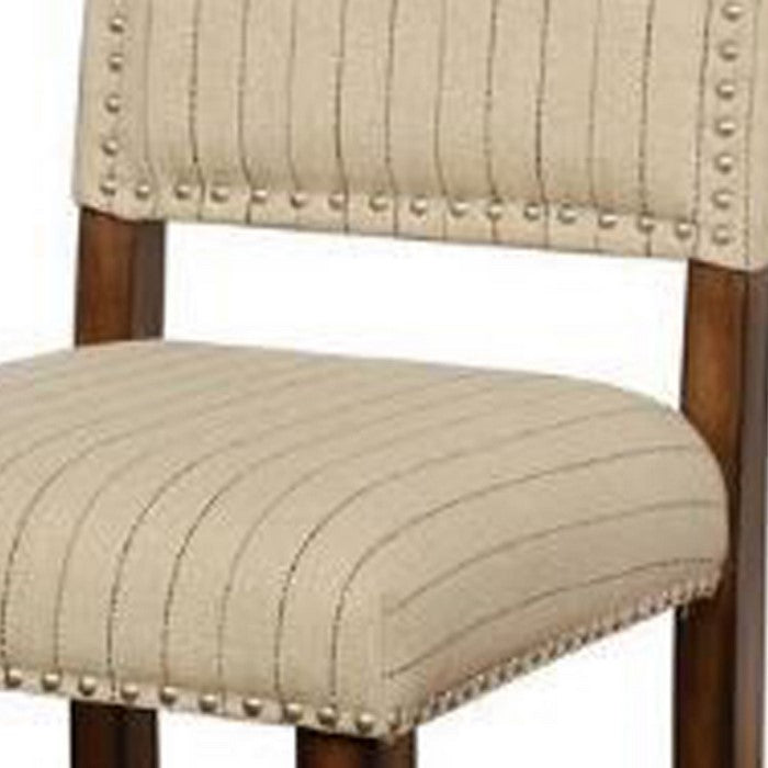 Nailhead Trim Fabric Upholstered Wooden Barstool, Beige and Brown