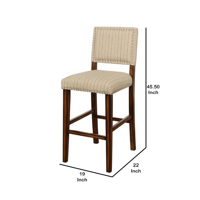 Nailhead Trim Fabric Upholstered Wooden Barstool, Beige and Brown