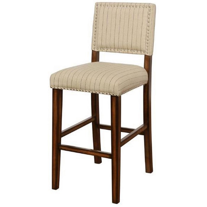 Nailhead Trim Fabric Upholstered Wooden Barstool, Beige and Brown