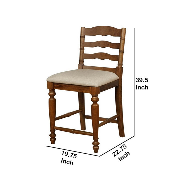 Wooden Frame Counter Stool with Scalloped Cut Out and Padded Seat, Brown