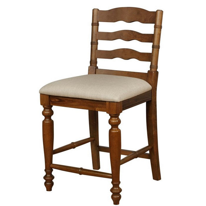 Wooden Frame Counter Stool with Scalloped Cut Out and Padded Seat, Brown