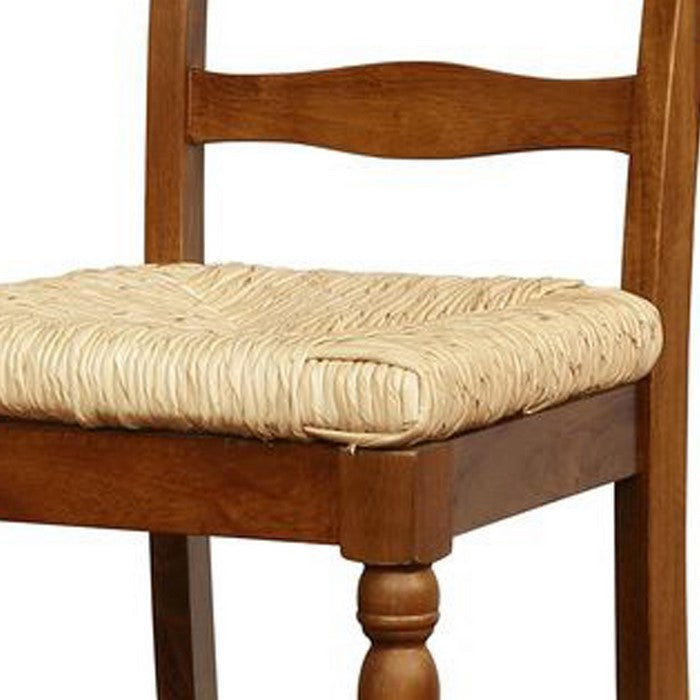 Wooden Barstool with Rush Woven Seat and Cut Out Back, Beige and Brown