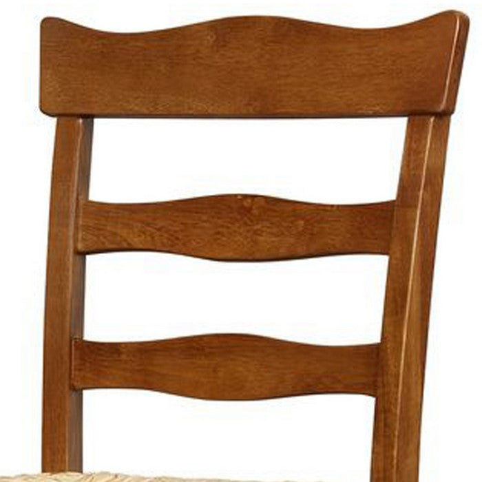 Wooden Barstool with Rush Woven Seat and Cut Out Back, Beige and Brown
