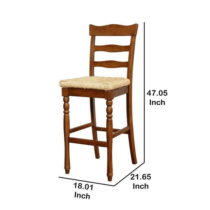 Wooden Barstool with Rush Woven Seat and Cut Out Back, Beige and Brown