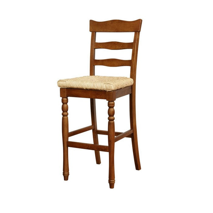 Wooden Barstool with Rush Woven Seat and Cut Out Back, Beige and Brown