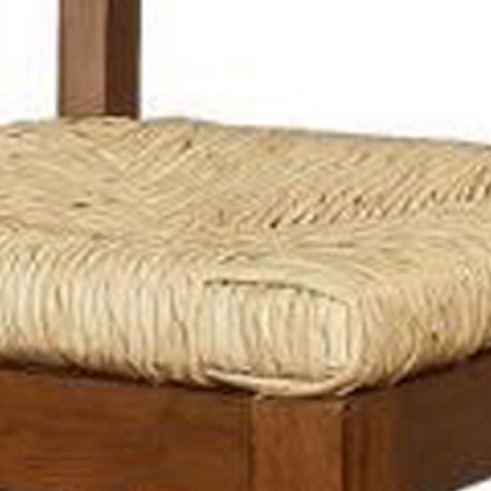Wooden Counter Stool with Rush Woven Seat and Cut Out Back, Beige and Brown