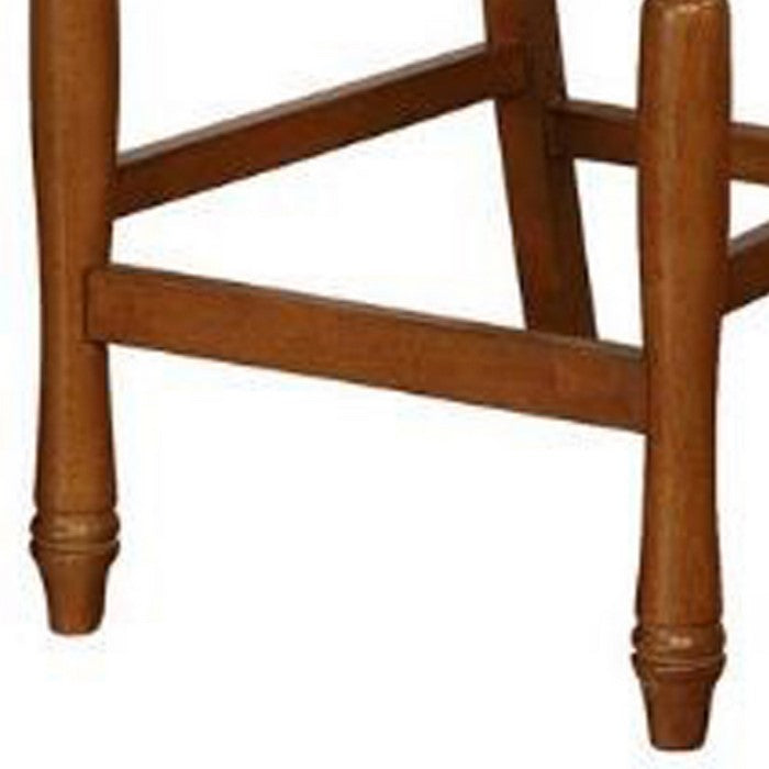 Wooden Counter Stool with Rush Woven Seat and Cut Out Back, Beige and Brown