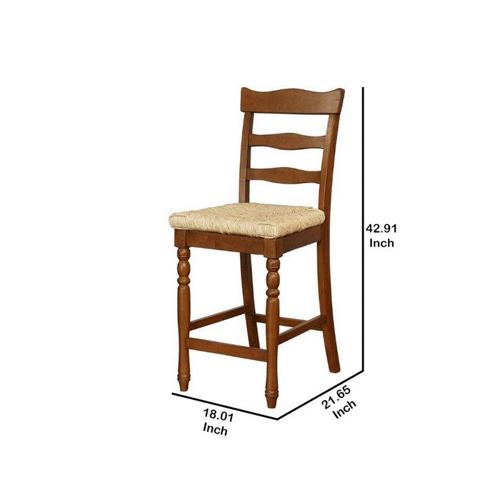 Wooden Counter Stool with Rush Woven Seat and Cut Out Back, Beige and Brown