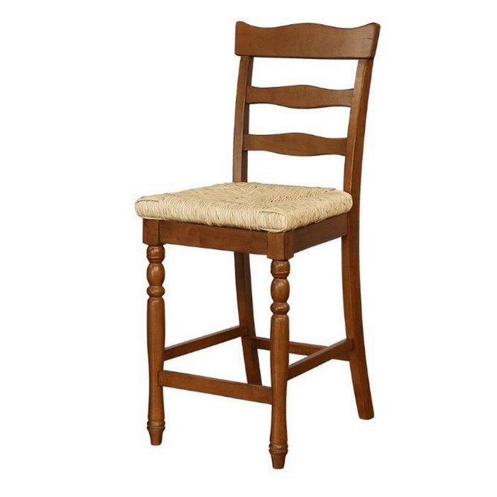 Wooden Counter Stool with Rush Woven Seat and Cut Out Back, Beige and Brown