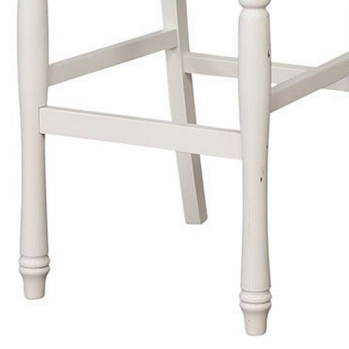 Wooden Barstool with Rush Woven Seat and Cut Out Back, Beige and White