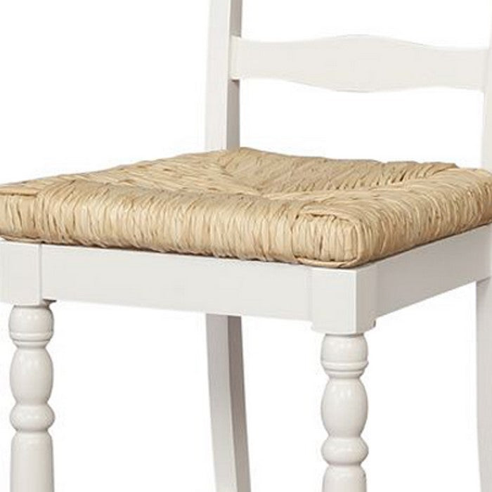 Wooden Barstool with Rush Woven Seat and Cut Out Back, Beige and White
