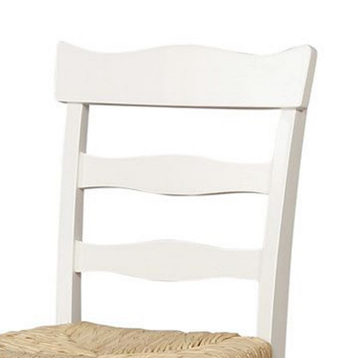 Wooden Barstool with Rush Woven Seat and Cut Out Back, Beige and White