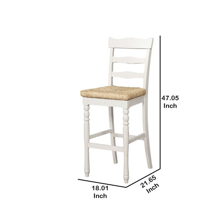 Wooden Barstool with Rush Woven Seat and Cut Out Back, Beige and White