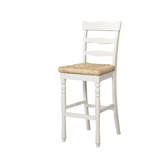 Wooden Barstool with Rush Woven Seat and Cut Out Back, Beige and White